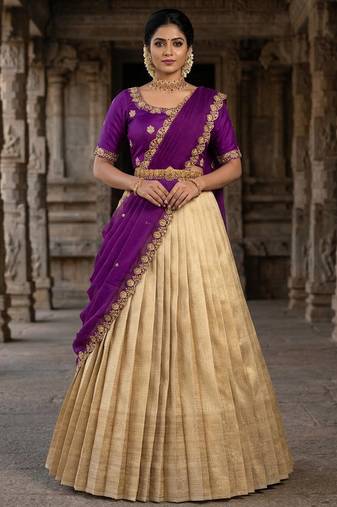 Beautiful South Indian Style Semi-stitched Half Saree with Embroidery Work Blouse and Dupatta for Women