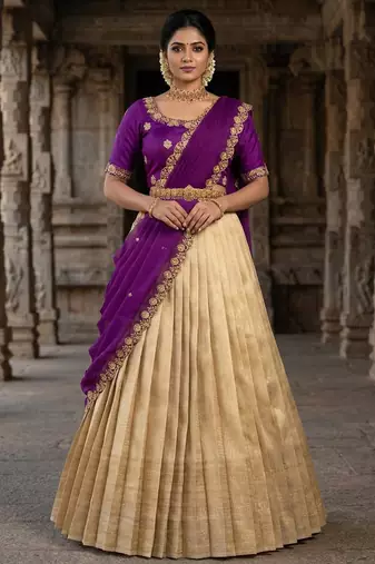 Beautiful South Indian Style Semi-stitched Half Saree with Embroidery Work Blouse and Dupatta for Women