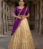 Beautiful South Indian Style Semi-stitched Half Saree with Embroidery Work Blouse and Dupatta for Women