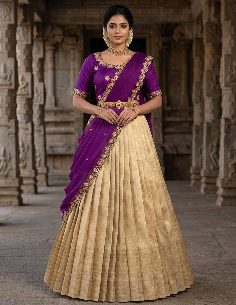 Beautiful South Indian Style Semi-stitched Half Saree with Embroidery Work Blouse and Dupatta for Women