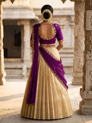 Beautiful South Indian Style Semi-stitched Half Saree with Embroidery Work Blouse and Dupatta for Women 2