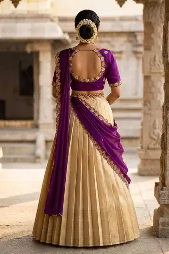 Beautiful South Indian Style Semi-stitched Half Saree with Embroidery Work Blouse and Dupatta for Women