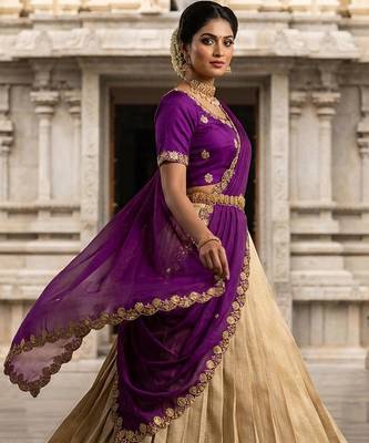Beautiful South Indian Style Semi-stitched Half Saree with Embroidery Work Blouse and Dupatta for Women 3