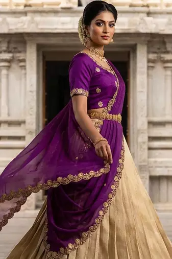 Beautiful South Indian Style Semi-stitched Half Saree with Embroidery Work Blouse and Dupatta for Women