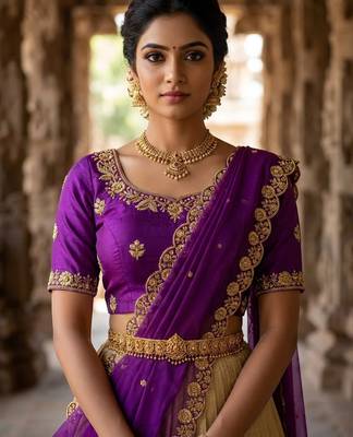 Beautiful South Indian Style Semi-stitched Half Saree with Embroidery Work Blouse and Dupatta for Women 4