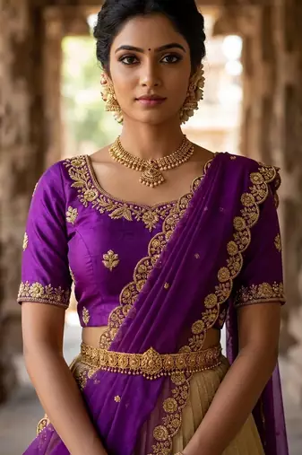 Beautiful South Indian Style Semi-stitched Half Saree with Embroidery Work Blouse and Dupatta for Women