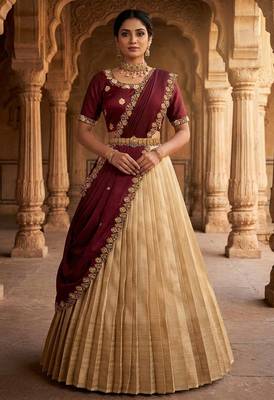 Beautiful South Indian Style Semi-stitched Half Saree with Embroidery Work Blouse and Dupatta for Women 1