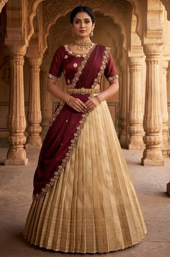 Beautiful South Indian Style Semi-stitched Half Saree with Embroidery Work Blouse and Dupatta for Women