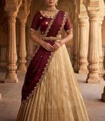 Beautiful South Indian Style Semi-stitched Half Saree with Embroidery Work Blouse and Dupatta for Women