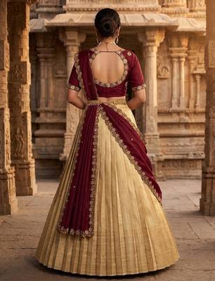 Beautiful South Indian Style Semi-stitched Half Saree with Embroidery Work Blouse and Dupatta for Women 2