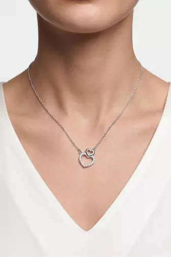 925 Sterling Silver Double CZ Open  Heart Pendant Necklace Set  for Women