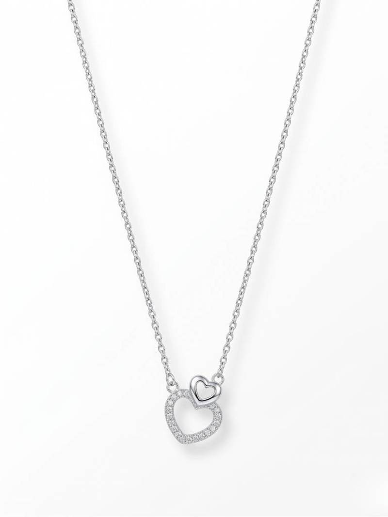 925 Sterling Silver Double CZ Open  Heart Pendant Necklace Set  for Women