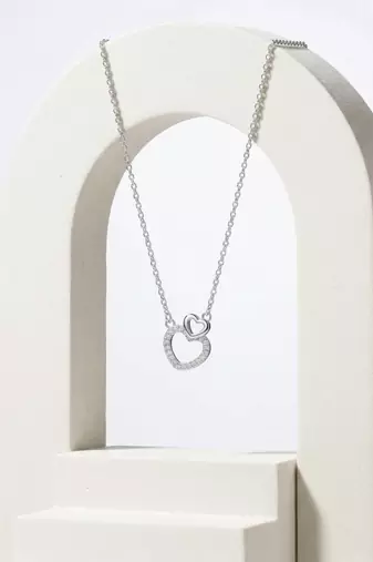 925 Sterling Silver Double CZ Open  Heart Pendant Necklace Set  for Women