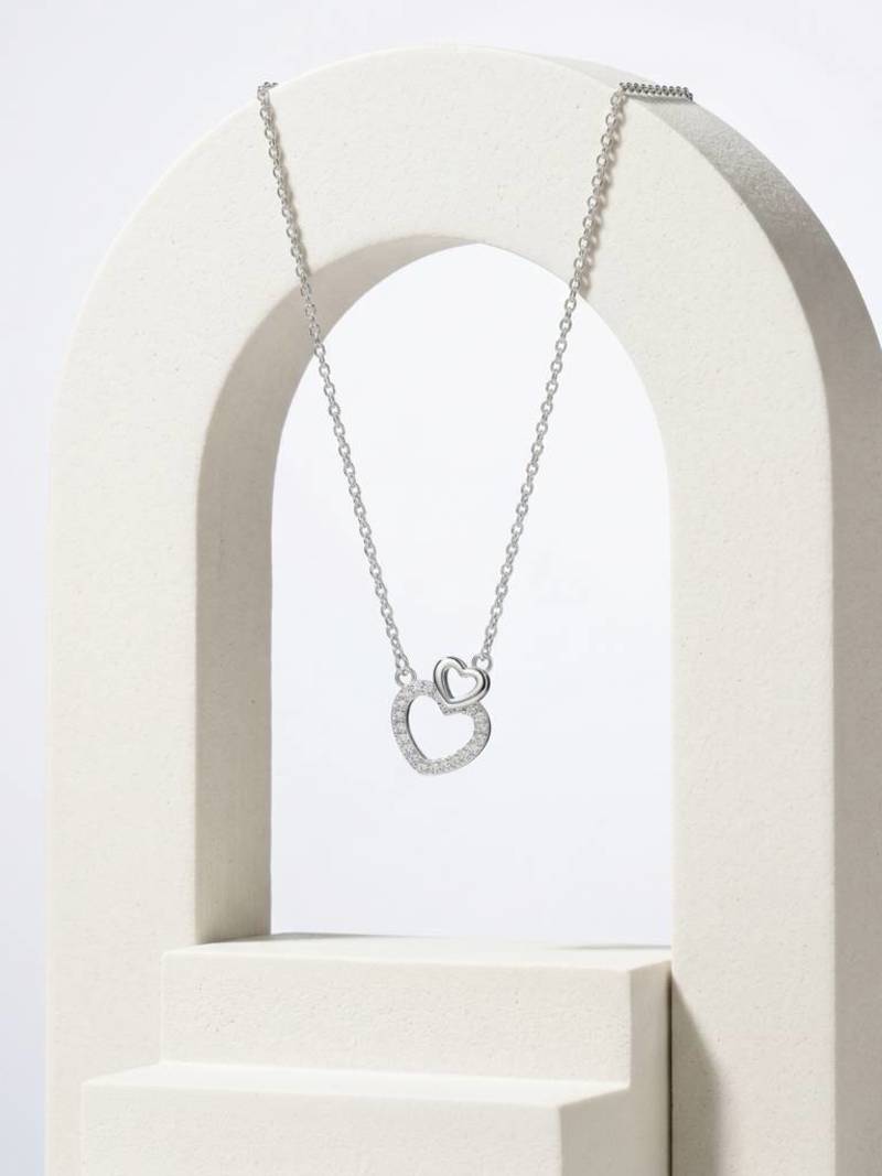 925 Sterling Silver Double CZ Open  Heart Pendant Necklace Set  for Women