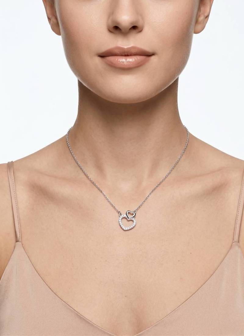 925 Sterling Silver Double CZ Open  Heart Pendant Necklace Set  for Women