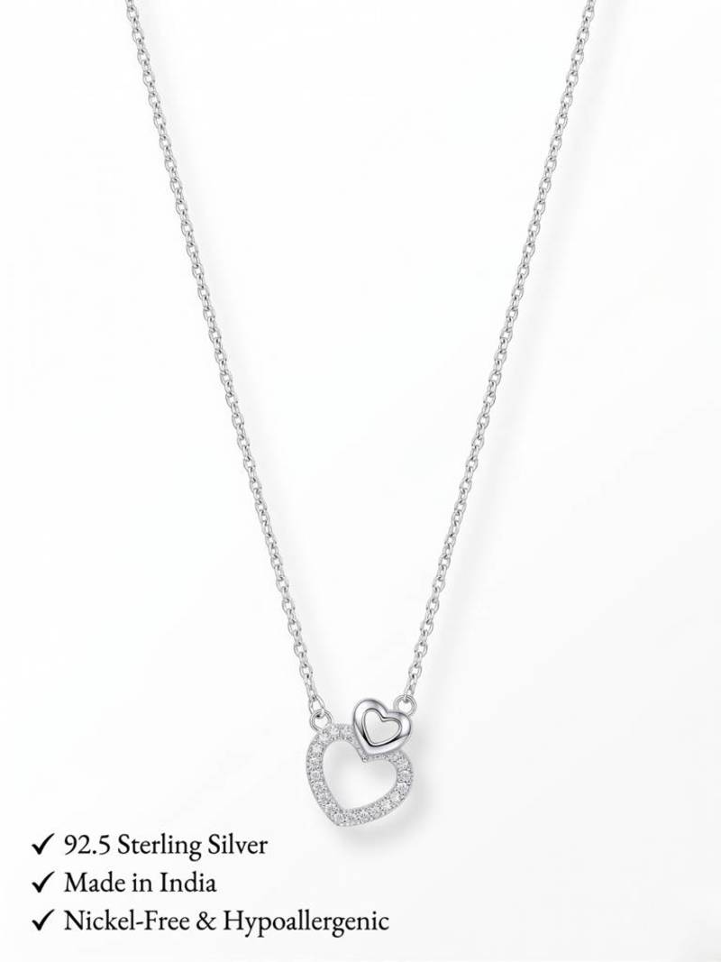 925 Sterling Silver Double CZ Open  Heart Pendant Necklace Set  for Women