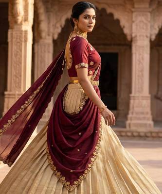 Beautiful South Indian Style Semi-stitched Half Saree with Embroidery Work Blouse and Dupatta for Women 3