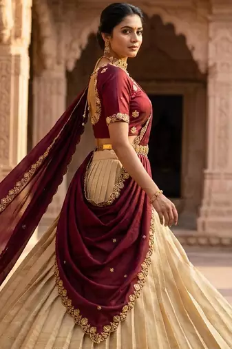 Beautiful South Indian Style Semi-stitched Half Saree with Embroidery Work Blouse and Dupatta for Women