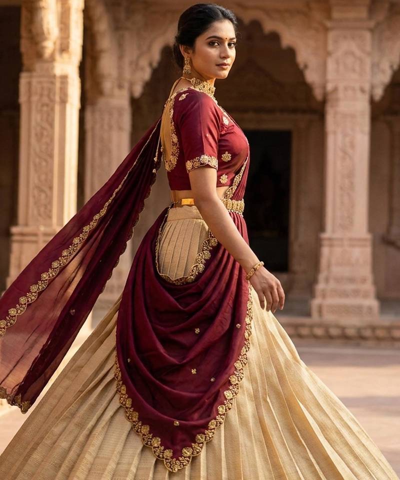 Beautiful South Indian Style Semi-stitched Half Saree with Embroidery Work Blouse and Dupatta for Women