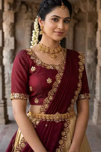 Beautiful South Indian Style Semi-stitched Half Saree with Embroidery Work Blouse and Dupatta for Women