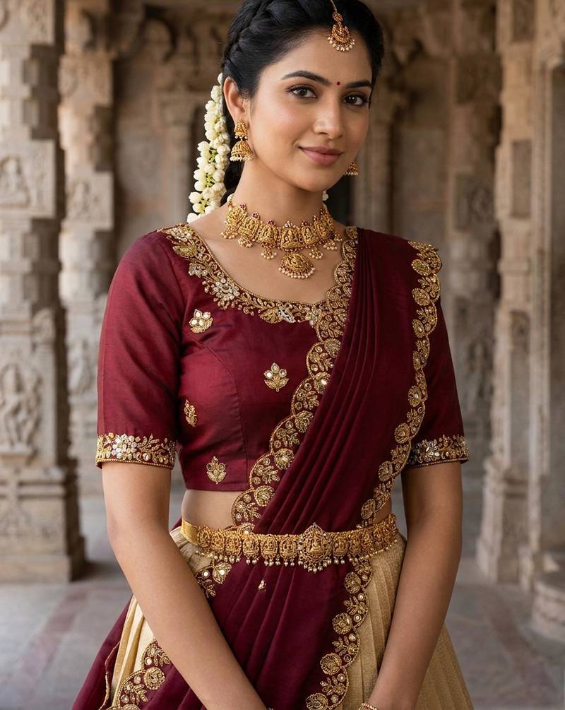 Beautiful South Indian Style Semi-stitched Half Saree with Embroidery Work Blouse and Dupatta for Women