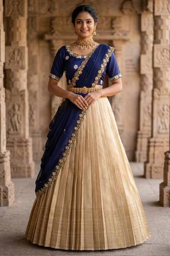 Beautiful South Indian Style Semi-stitched Half Saree with Embroidery Work Blouse and Dupatta for Women