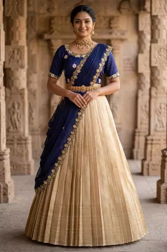 Beautiful South Indian Style Semi-stitched Half Saree with Embroidery Work Blouse and Dupatta for Women