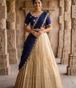 Beautiful South Indian Style Semi-stitched Half Saree with Embroidery Work Blouse and Dupatta for Women
