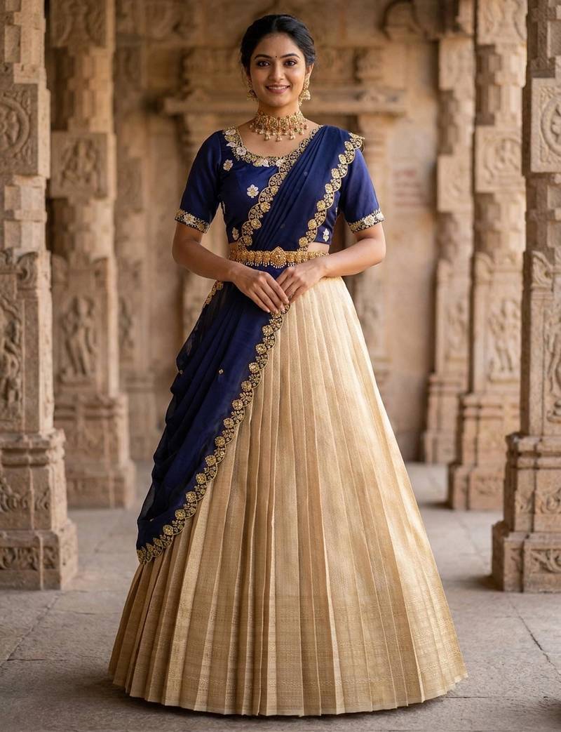 Beautiful South Indian Style Semi-stitched Half Saree with Embroidery Work Blouse and Dupatta for Women