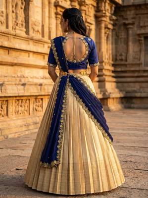 Beautiful South Indian Style Semi-stitched Half Saree with Embroidery Work Blouse and Dupatta for Women 2