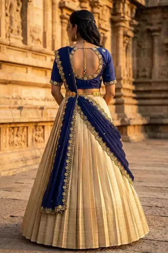 Beautiful South Indian Style Semi-stitched Half Saree with Embroidery Work Blouse and Dupatta for Women