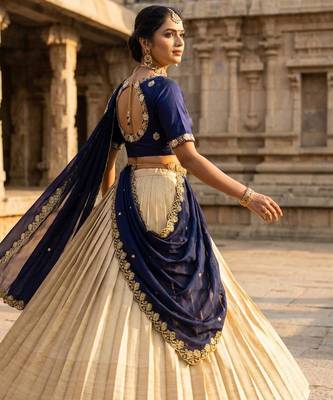 Beautiful South Indian Style Semi-stitched Half Saree with Embroidery Work Blouse and Dupatta for Women 3