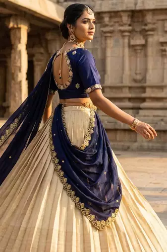 Beautiful South Indian Style Semi-stitched Half Saree with Embroidery Work Blouse and Dupatta for Women