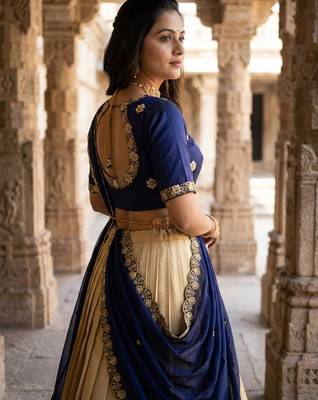 Beautiful South Indian Style Semi-stitched Half Saree with Embroidery Work Blouse and Dupatta for Women 4