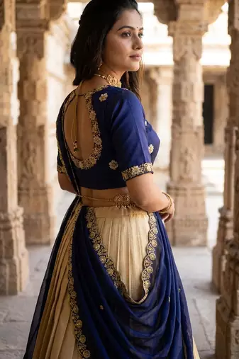 Beautiful South Indian Style Semi-stitched Half Saree with Embroidery Work Blouse and Dupatta for Women