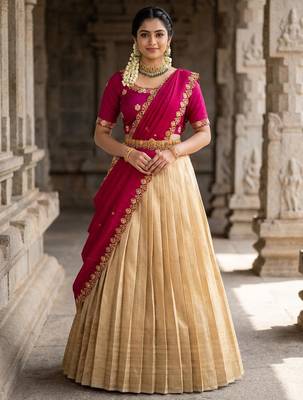 Beautiful South Indian Style Semi-stitched Half Saree with Embroidery Work Blouse and Dupatta for Women 1