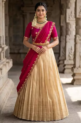 Beautiful South Indian Style Semi-stitched Half Saree with Embroidery Work Blouse and Dupatta for Women