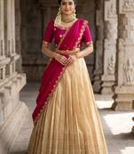 Beautiful South Indian Style Semi-stitched Half Saree with Embroidery Work Blouse and Dupatta for Women