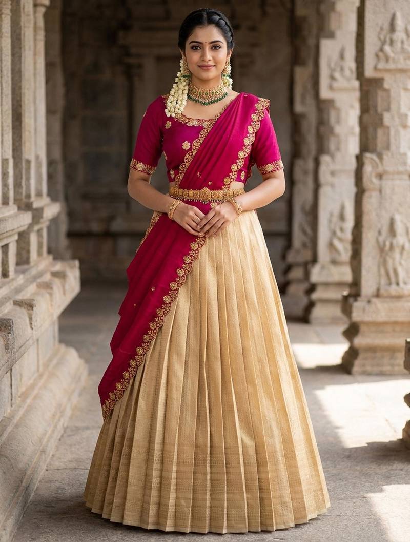 Beautiful South Indian Style Semi-stitched Half Saree with Embroidery Work Blouse and Dupatta for Women