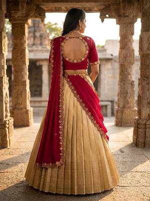 Beautiful South Indian Style Semi-stitched Half Saree with Embroidery Work Blouse and Dupatta for Women 2