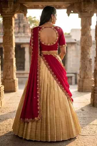 Beautiful South Indian Style Semi-stitched Half Saree with Embroidery Work Blouse and Dupatta for Women