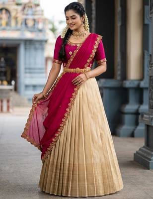 Beautiful South Indian Style Semi-stitched Half Saree with Embroidery Work Blouse and Dupatta for Women 3