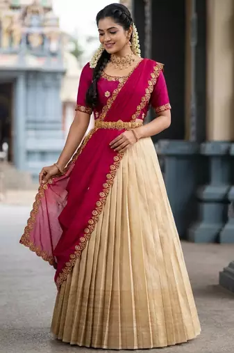 Beautiful South Indian Style Semi-stitched Half Saree with Embroidery Work Blouse and Dupatta for Women
