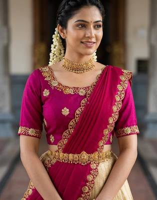Beautiful South Indian Style Semi-stitched Half Saree with Embroidery Work Blouse and Dupatta for Women 4
