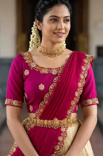 Beautiful South Indian Style Semi-stitched Half Saree with Embroidery Work Blouse and Dupatta for Women