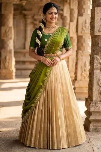 Beautiful South Indian Style Semi-stitched Half Saree with Embroidery Work Blouse and Dupatta for Women