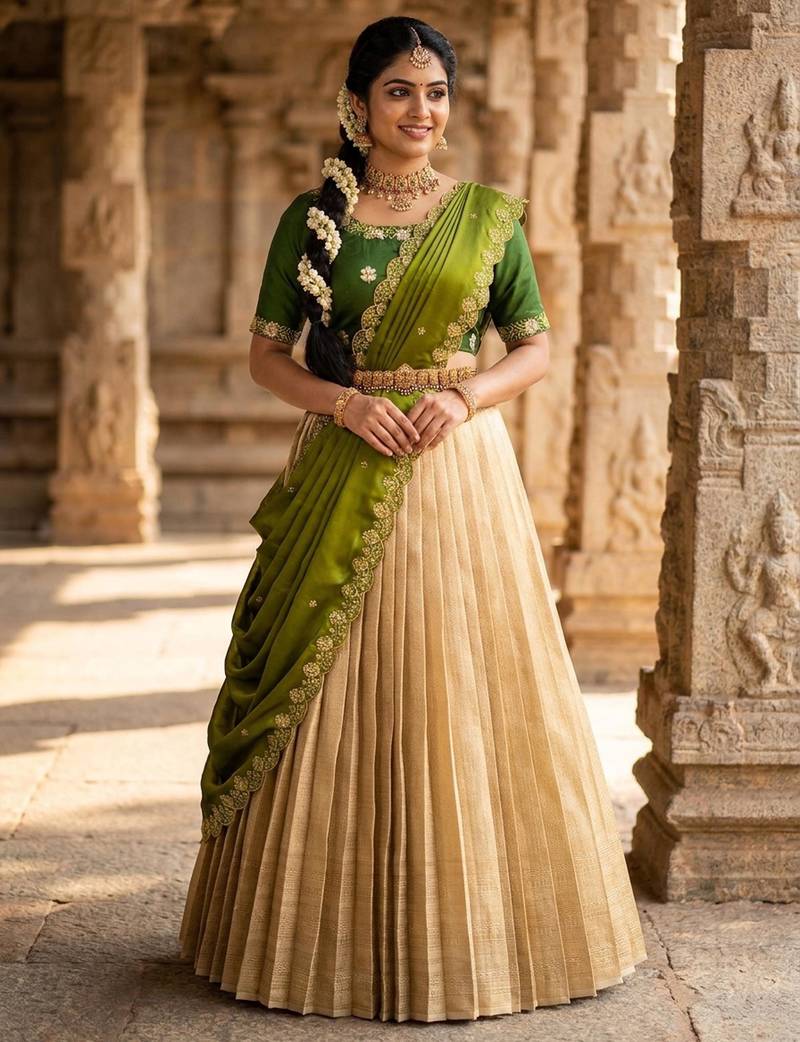 Beautiful South Indian Style Semi-stitched Half Saree with Embroidery Work Blouse and Dupatta for Women