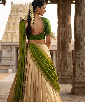 Beautiful South Indian Style Semi-stitched Half Saree with Embroidery Work Blouse and Dupatta for Women 2
