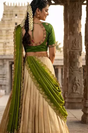 Beautiful South Indian Style Semi-stitched Half Saree with Embroidery Work Blouse and Dupatta for Women