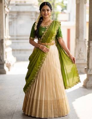 Beautiful South Indian Style Semi-stitched Half Saree with Embroidery Work Blouse and Dupatta for Women 3